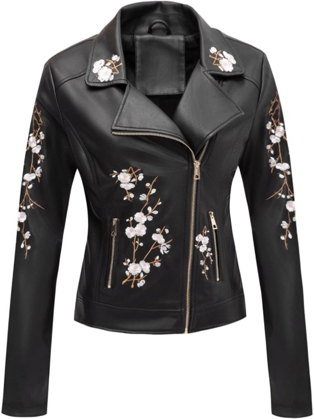 Women's Black Print Faux Leather Moto Biker Jacket Lightweight Zip Up Coat